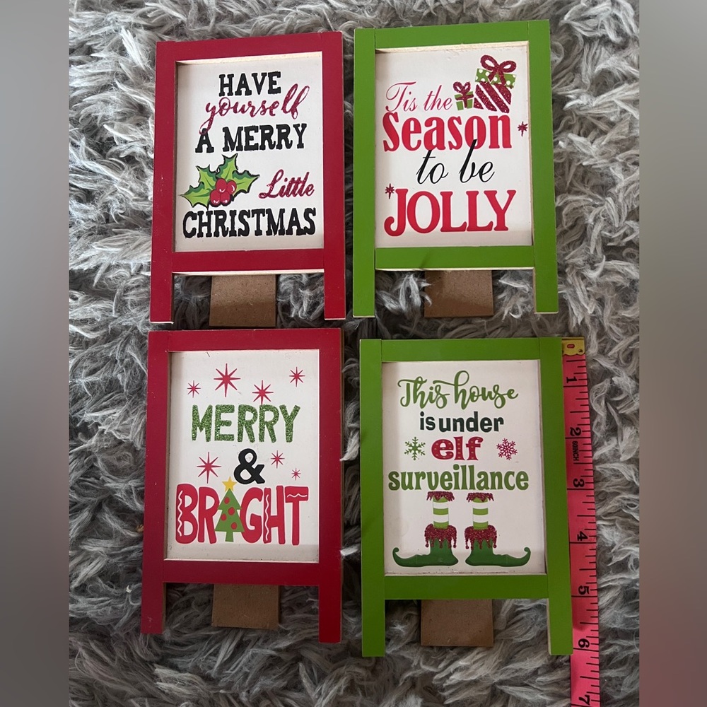 4 Christmas Themed 6 in Table Top Decoration Pictures Green and Red with Glitter